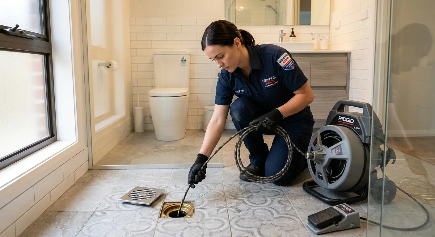 Technician clearing a bathroom floor drain for Drain Cleaning in Independence